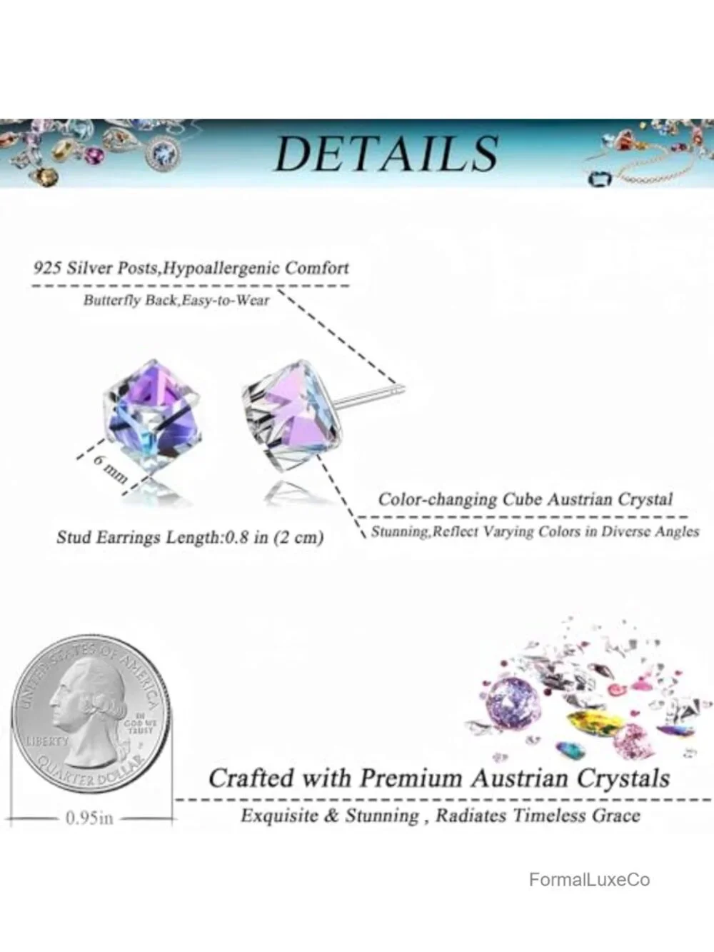 Austrian Crystal Cube Stud Earrings - 925 Sterling Silver Posts Push-Back
